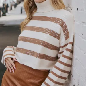 005. NEW The Rachel Sequined Striped Sweater in Tan