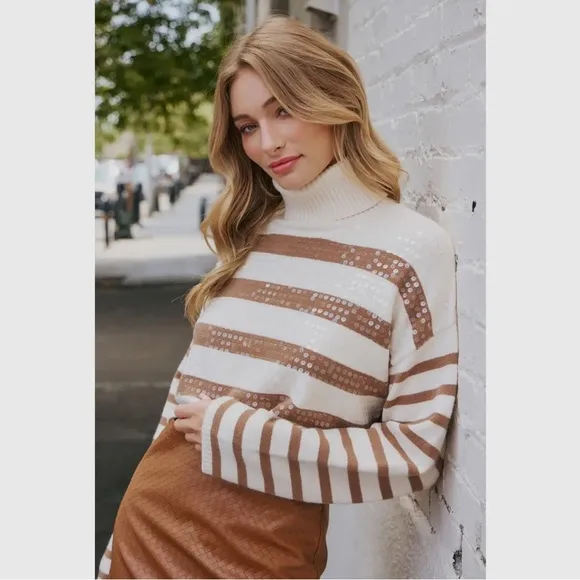 005. NEW The Rachel Sequined Striped Sweater in Tan