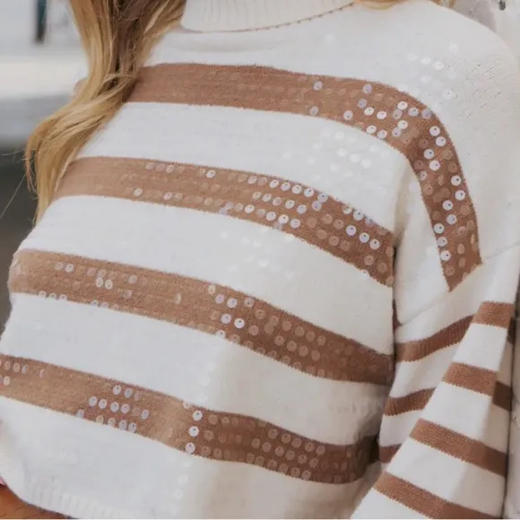 005. NEW The Rachel Sequined Striped Sweater in Tan