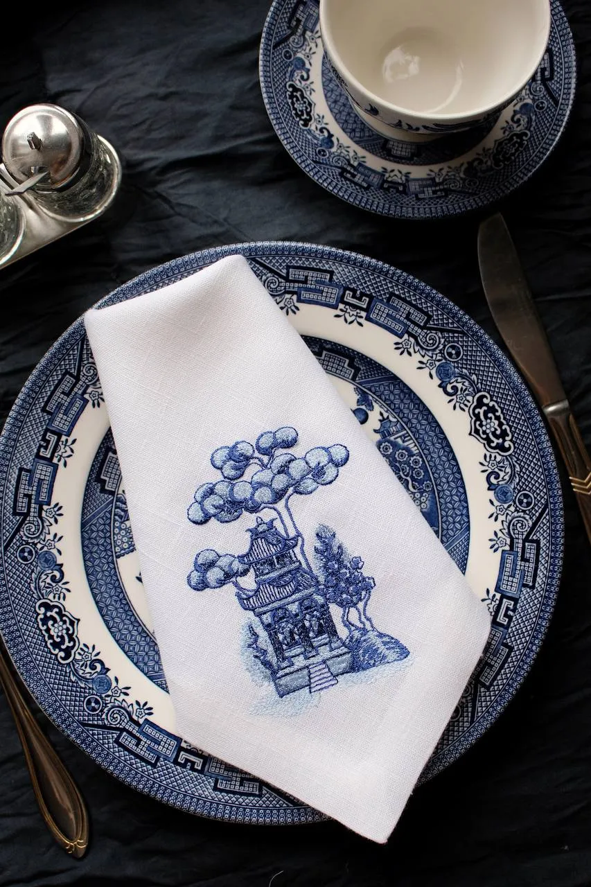 #009 | Blue Chinoiserie Birdhouse | Linen napkins
