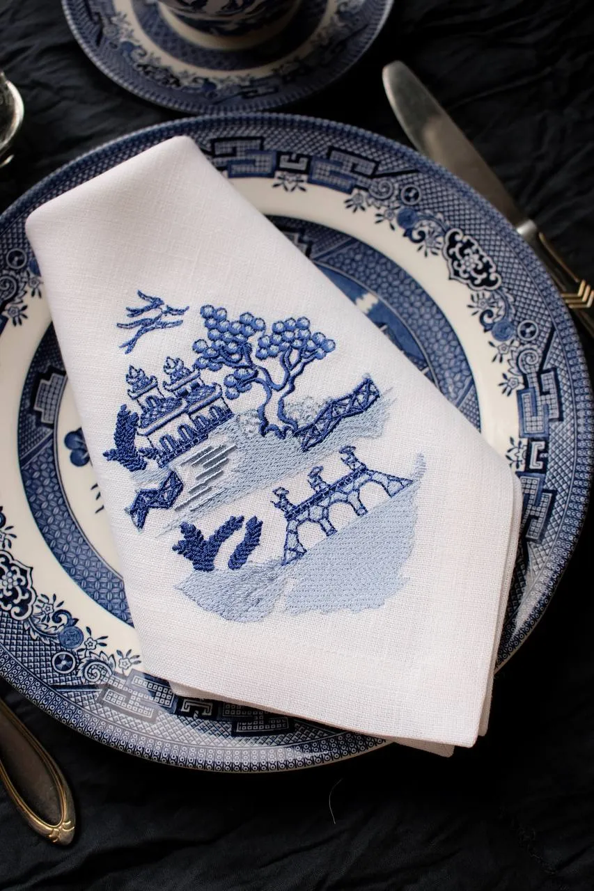 #009 | Blue Chinoiserie Birdhouse | Linen napkins