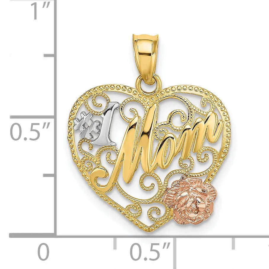 14k Two Tone Gold, White Rhodium Textured Polished Finish #1 Mom with Flower Beaded Design Heart Shape Charm Pendant