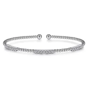 14K White Gold Bujukan Bead Cuff Bracelet with Diamond Pave Stations