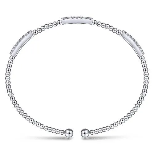 14K White Gold Bujukan Bead Cuff Bracelet with Diamond Pave Stations