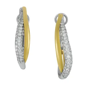 14k Yellow and White Gold Oval Crossover Pave Diamond Hoop Earrings, D=1.30tw