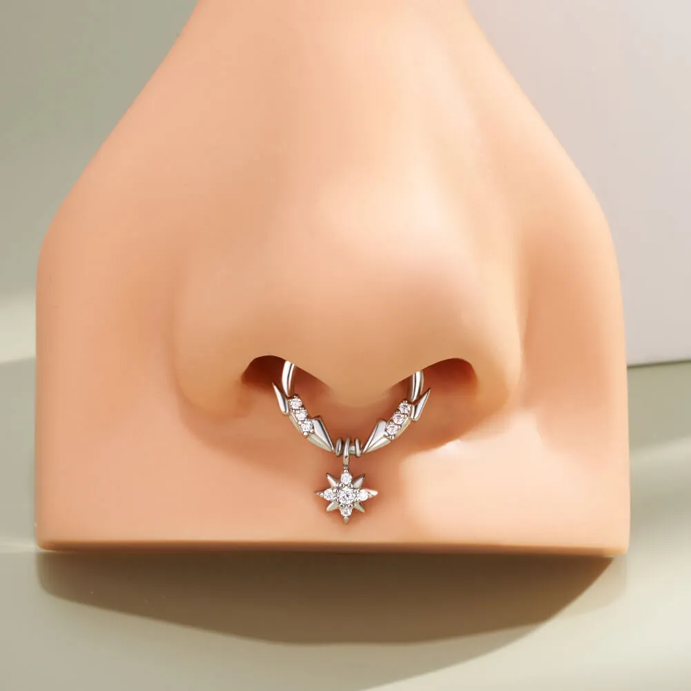 16G Lightning Bolt CZ Top and Star Dangle Hinged Segment Septum Ring