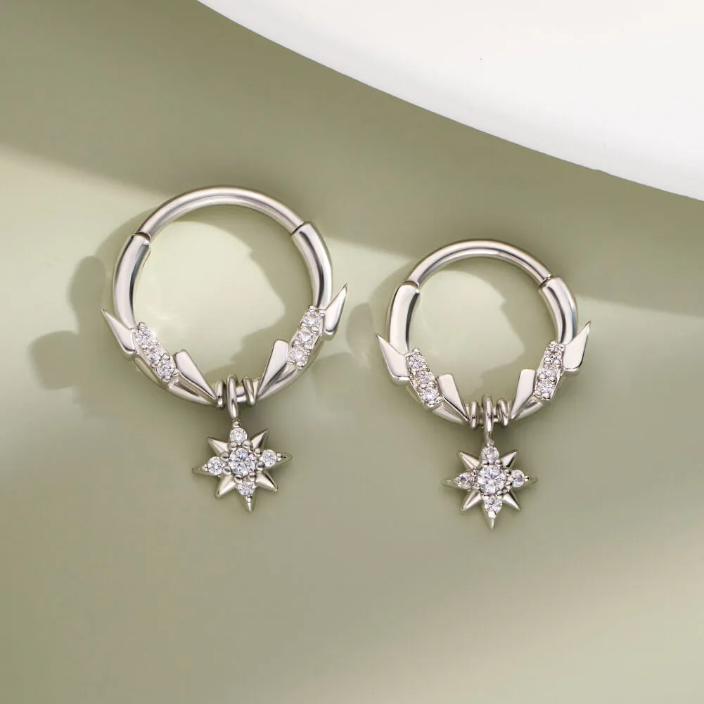 16G Lightning Bolt CZ Top and Star Dangle Hinged Segment Septum Ring