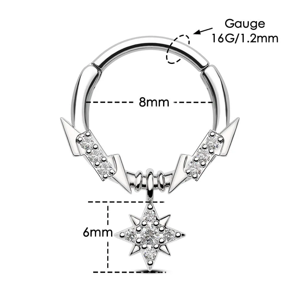 16G Lightning Bolt CZ Top and Star Dangle Hinged Segment Septum Ring