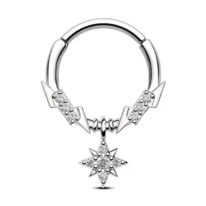 16G Lightning Bolt CZ Top and Star Dangle Hinged Segment Septum Ring