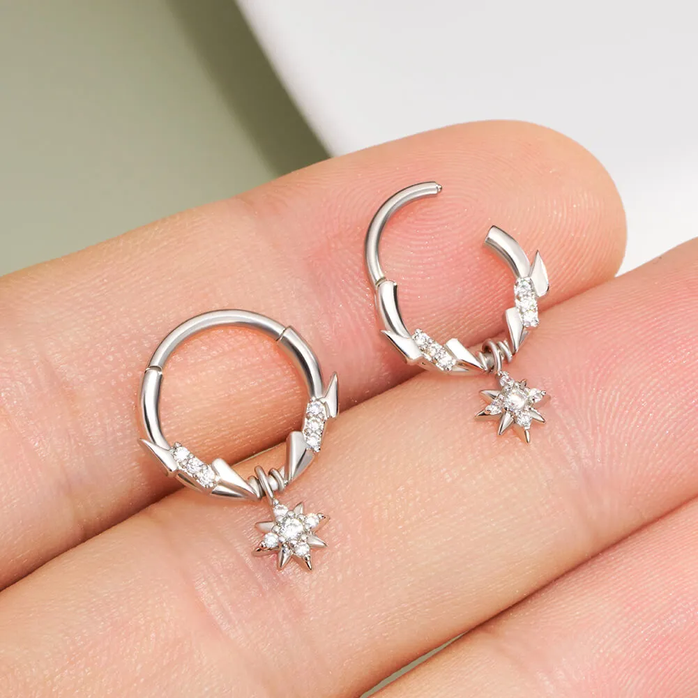16G Lightning Bolt CZ Top and Star Dangle Hinged Segment Septum Ring