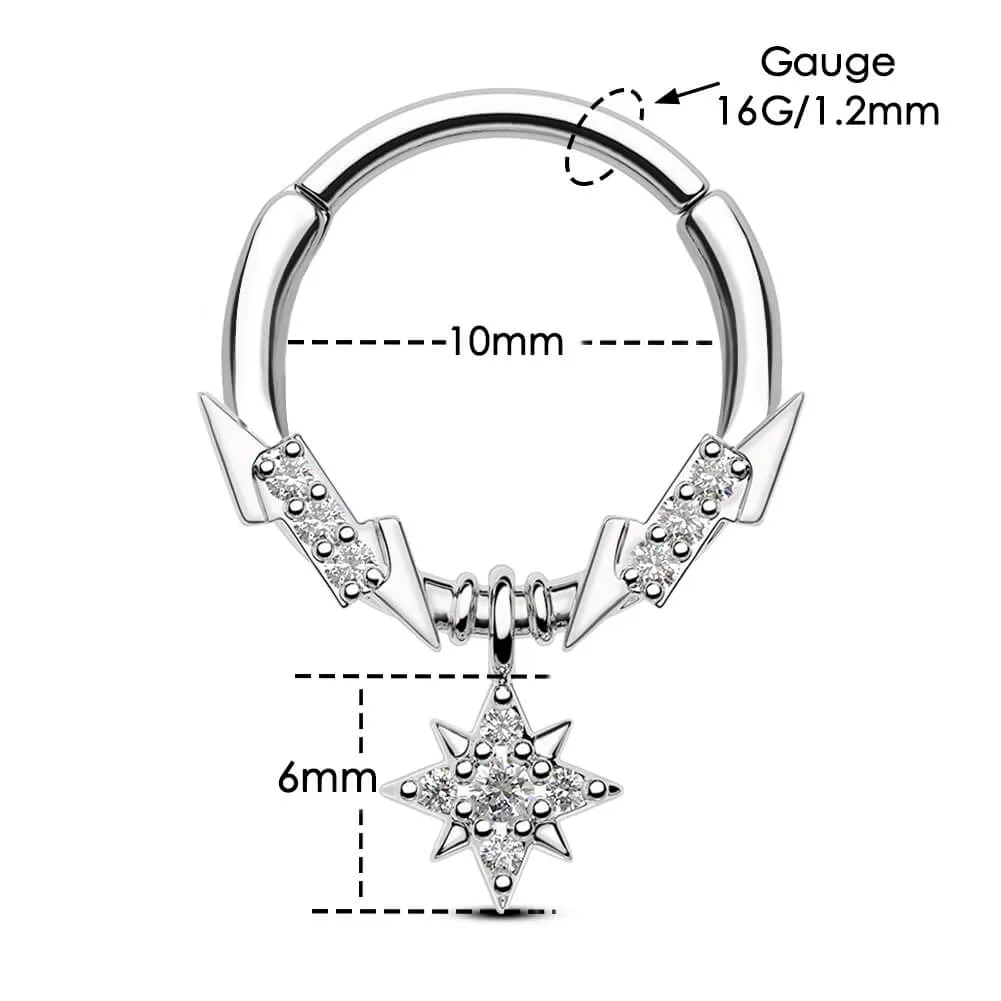 16G Lightning Bolt CZ Top and Star Dangle Hinged Segment Septum Ring