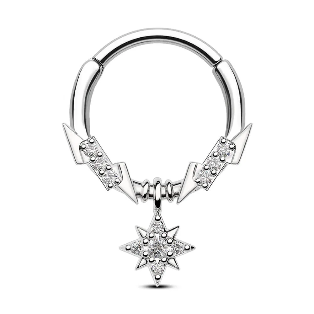 16G Lightning Bolt CZ Top and Star Dangle Hinged Segment Septum Ring