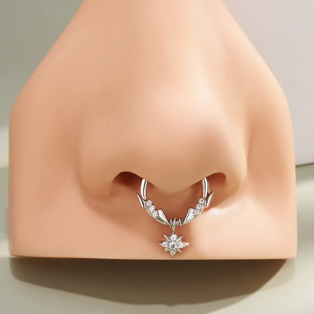 16G Lightning Bolt CZ Top and Star Dangle Hinged Segment Septum Ring
