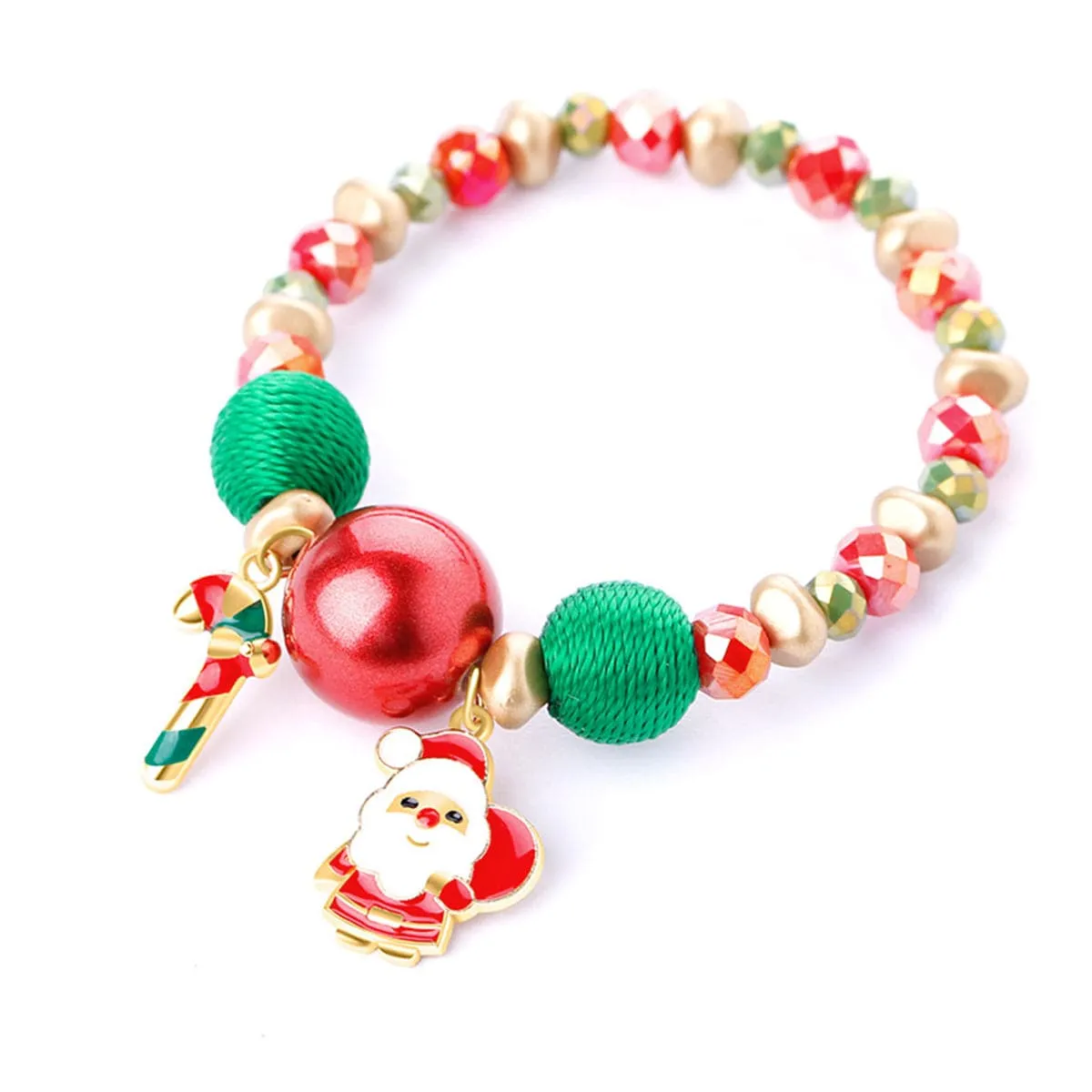 18K Gold-Plated Candy Cane Charm Beaded Stretch Bracelet