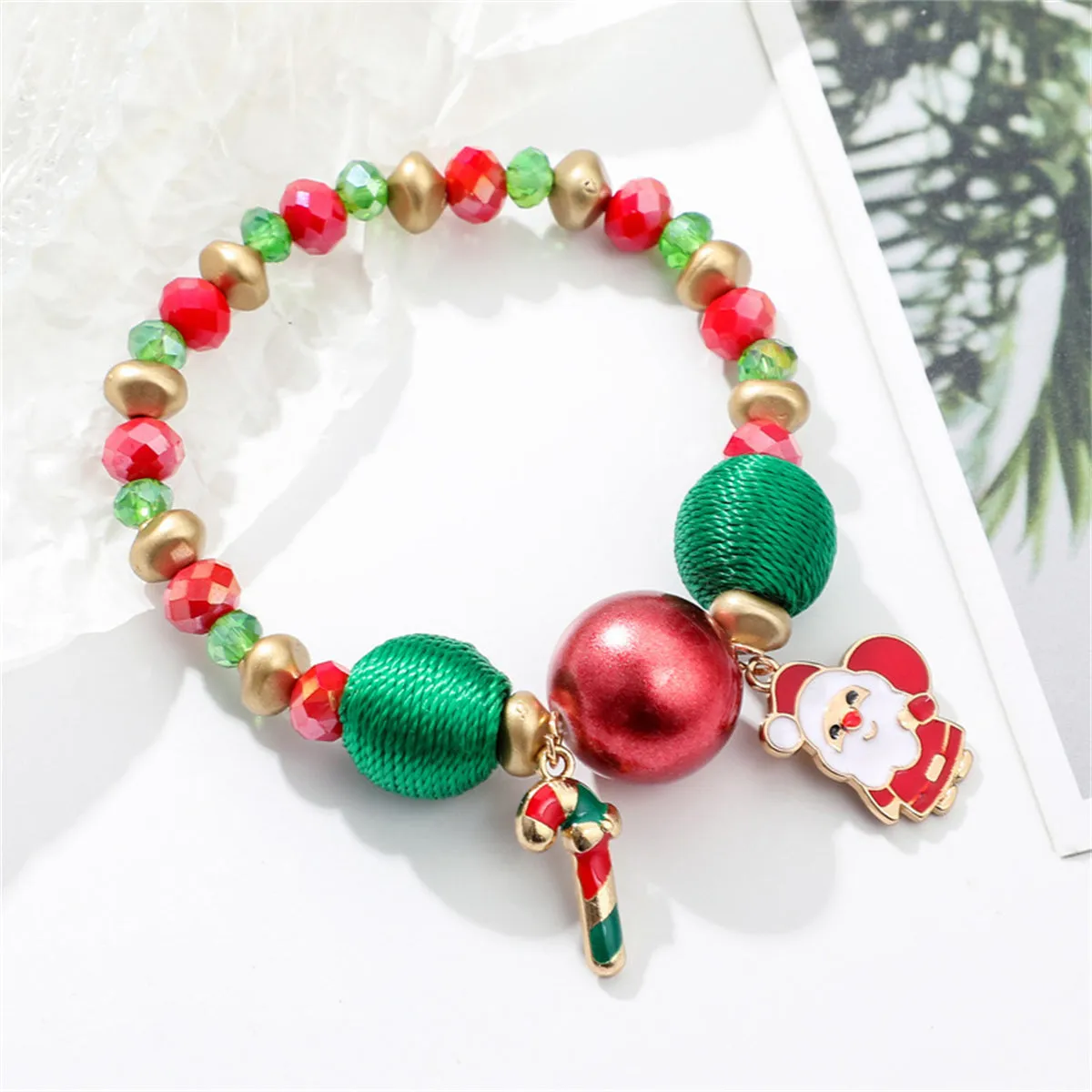 18K Gold-Plated Candy Cane Charm Beaded Stretch Bracelet