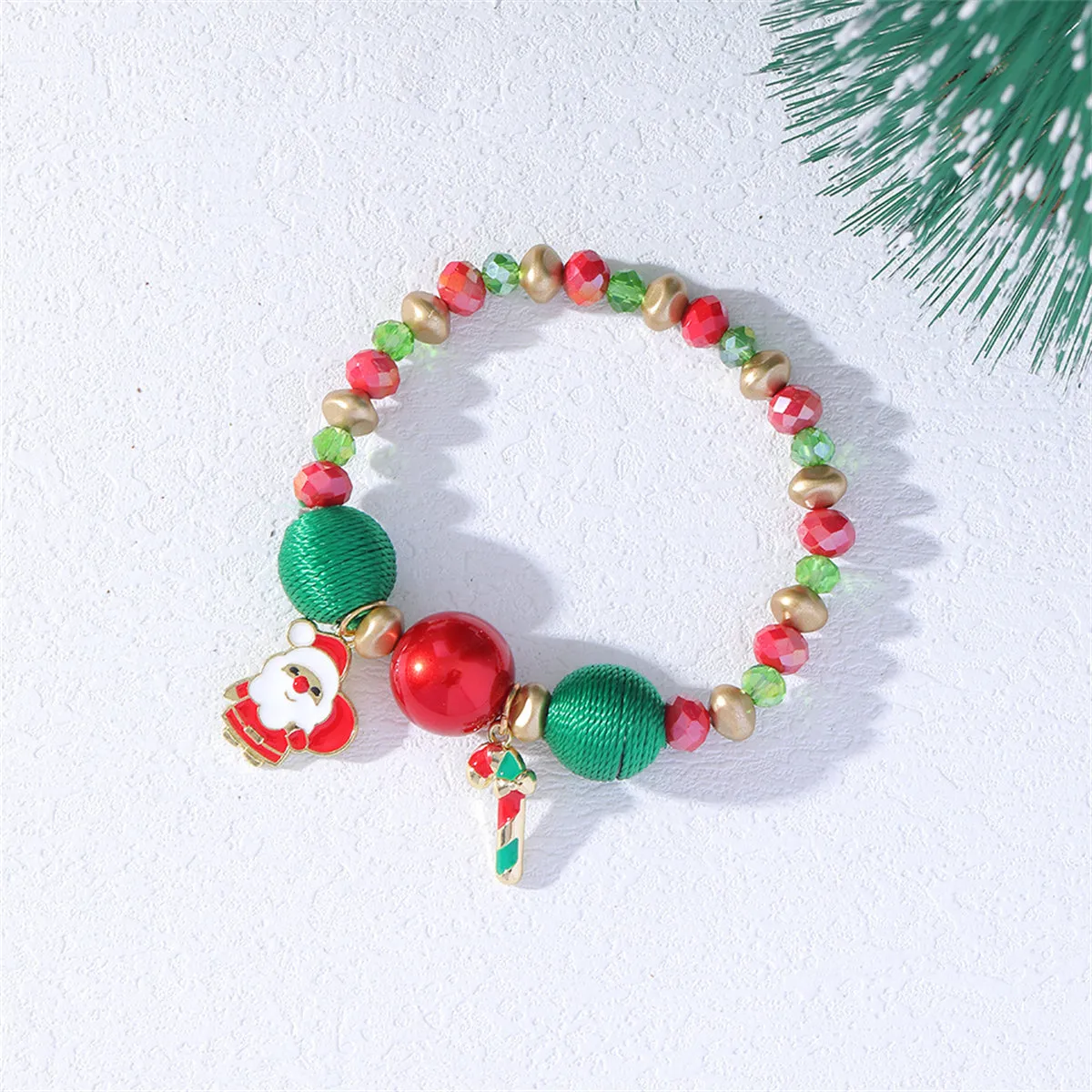 18K Gold-Plated Candy Cane Charm Beaded Stretch Bracelet