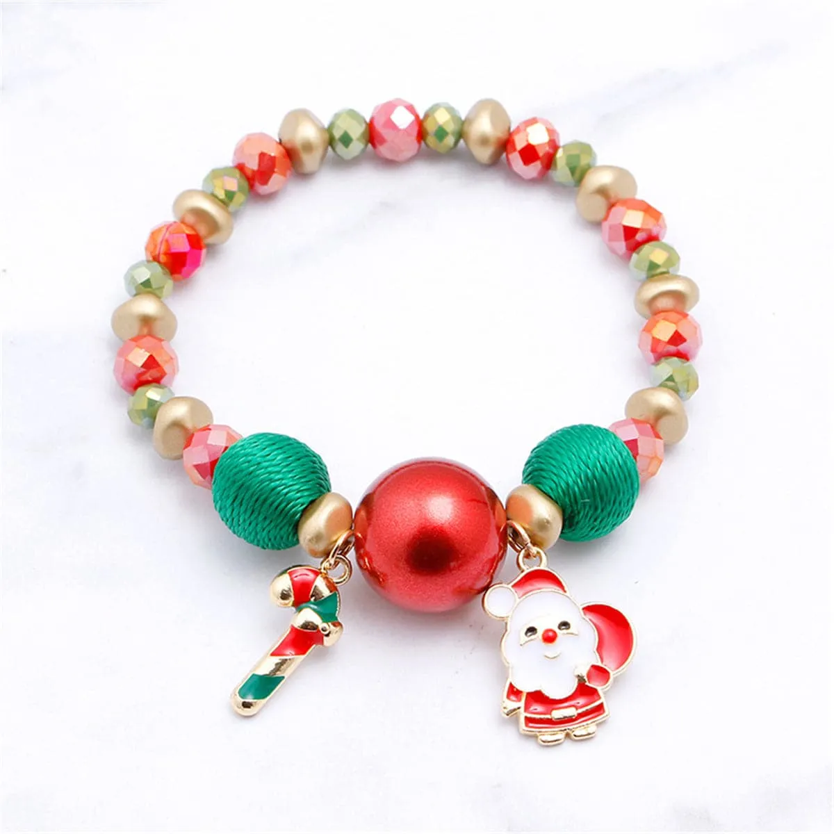 18K Gold-Plated Candy Cane Charm Beaded Stretch Bracelet