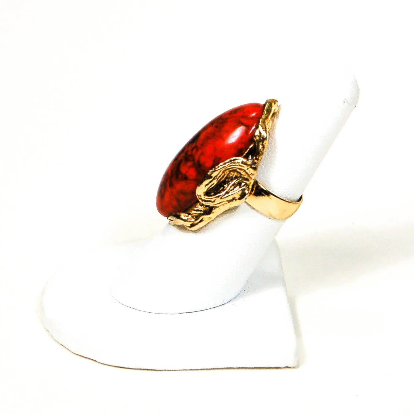 1960's Adjustable Gold Tone Faux Coral Statement Ring