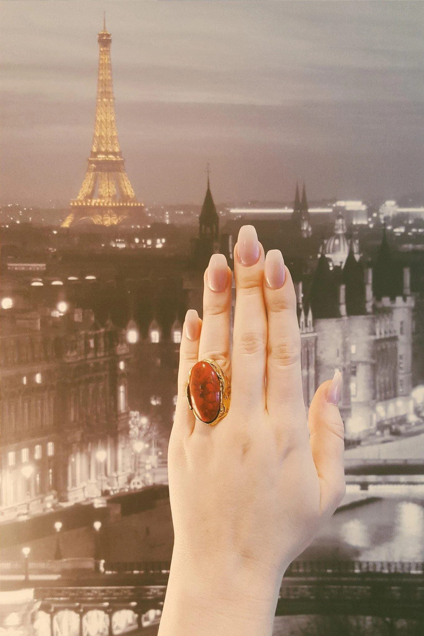 1960's Adjustable Gold Tone Faux Coral Statement Ring