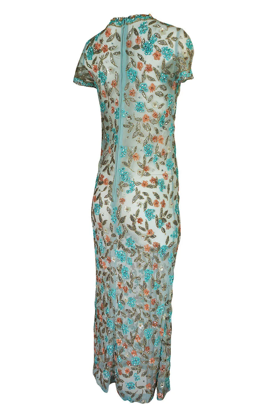 1960s French Pale Blue Hand Beaded & Sequin on Net Dress
