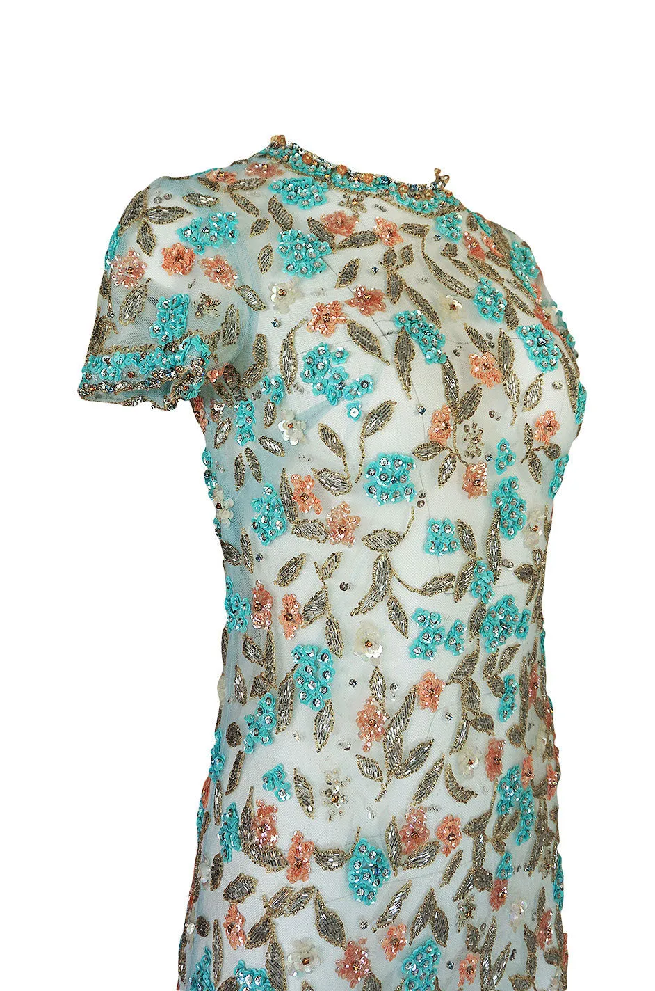 1960s French Pale Blue Hand Beaded & Sequin on Net Dress
