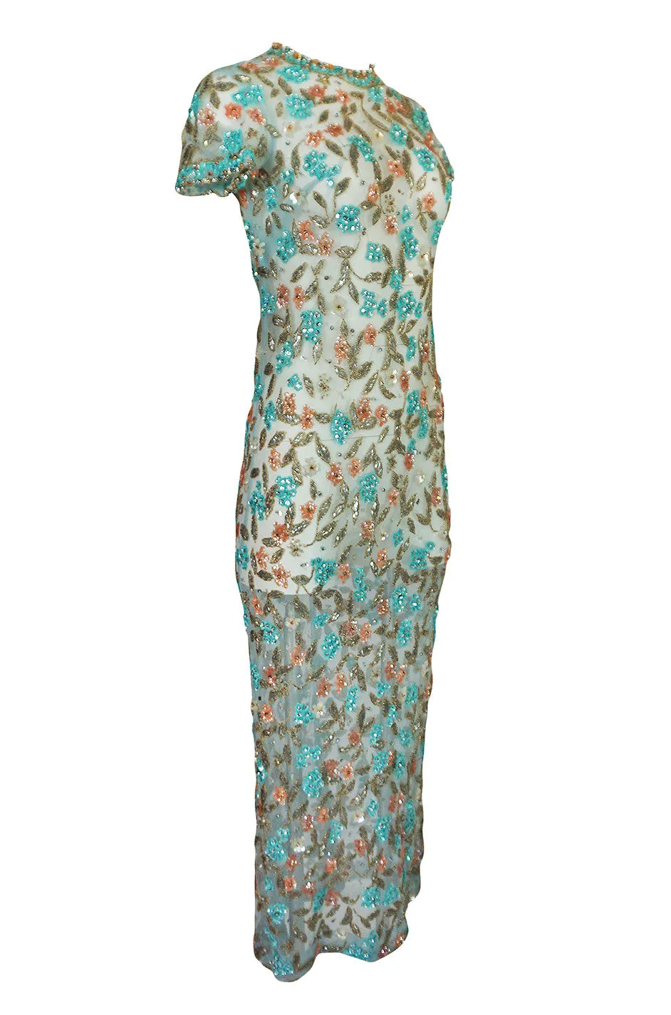 1960s French Pale Blue Hand Beaded & Sequin on Net Dress