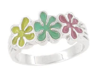 1960's Mod Enameled Flowers Ring in 14 Karat White Gold
