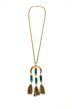 1970's Gold Tone Jade Tassel Necklace
