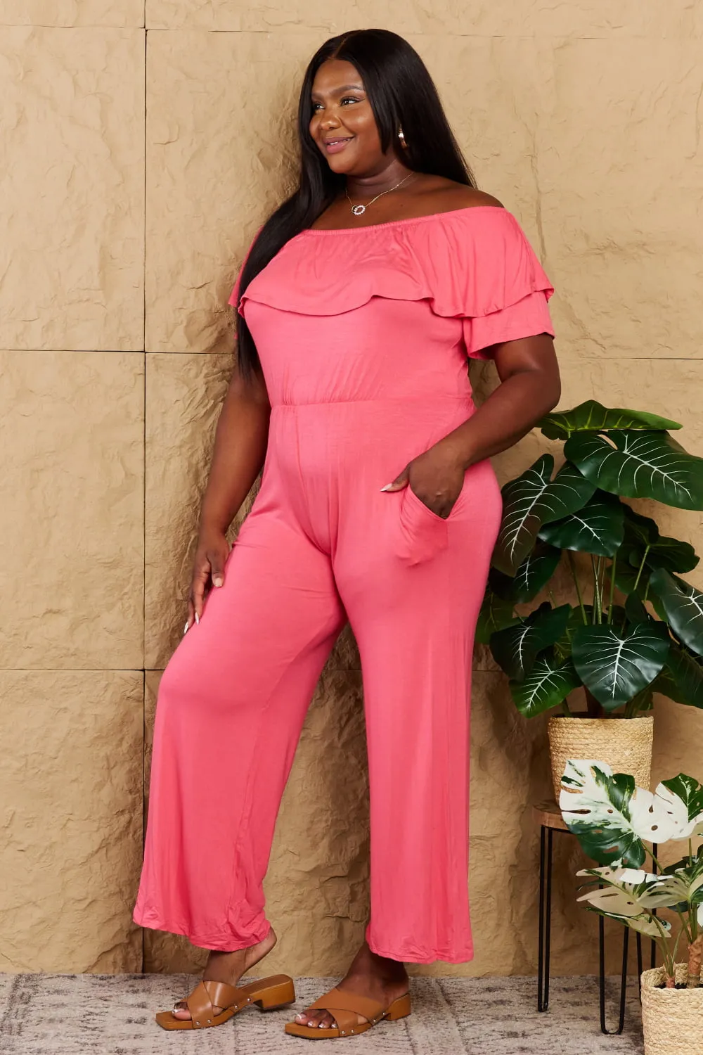 2XL Off-Shoulder Jumpsuit with Pockets in Coral Color