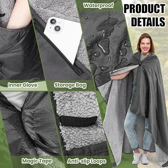 59" x 79" Woobie Blanket Camping Blanket with Sherpa Lining Large Military Blanket Waterproof Warm Outdoor Blanket for Camping, Hunting, Sporting Events, Picnic, Hiking(Black,1 Pc)