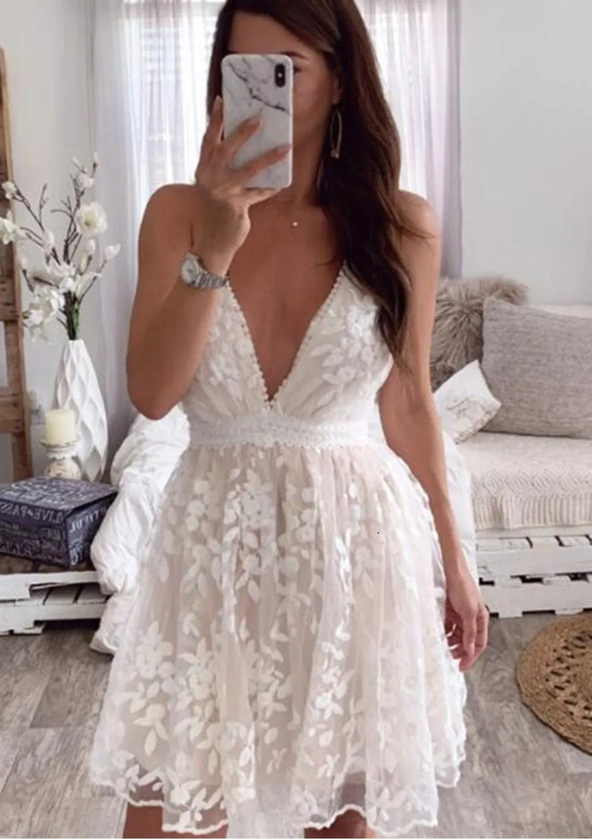 A-line V Neck Sleeveless Cross Back Ivory Lace Short Mini Homecoming Dress