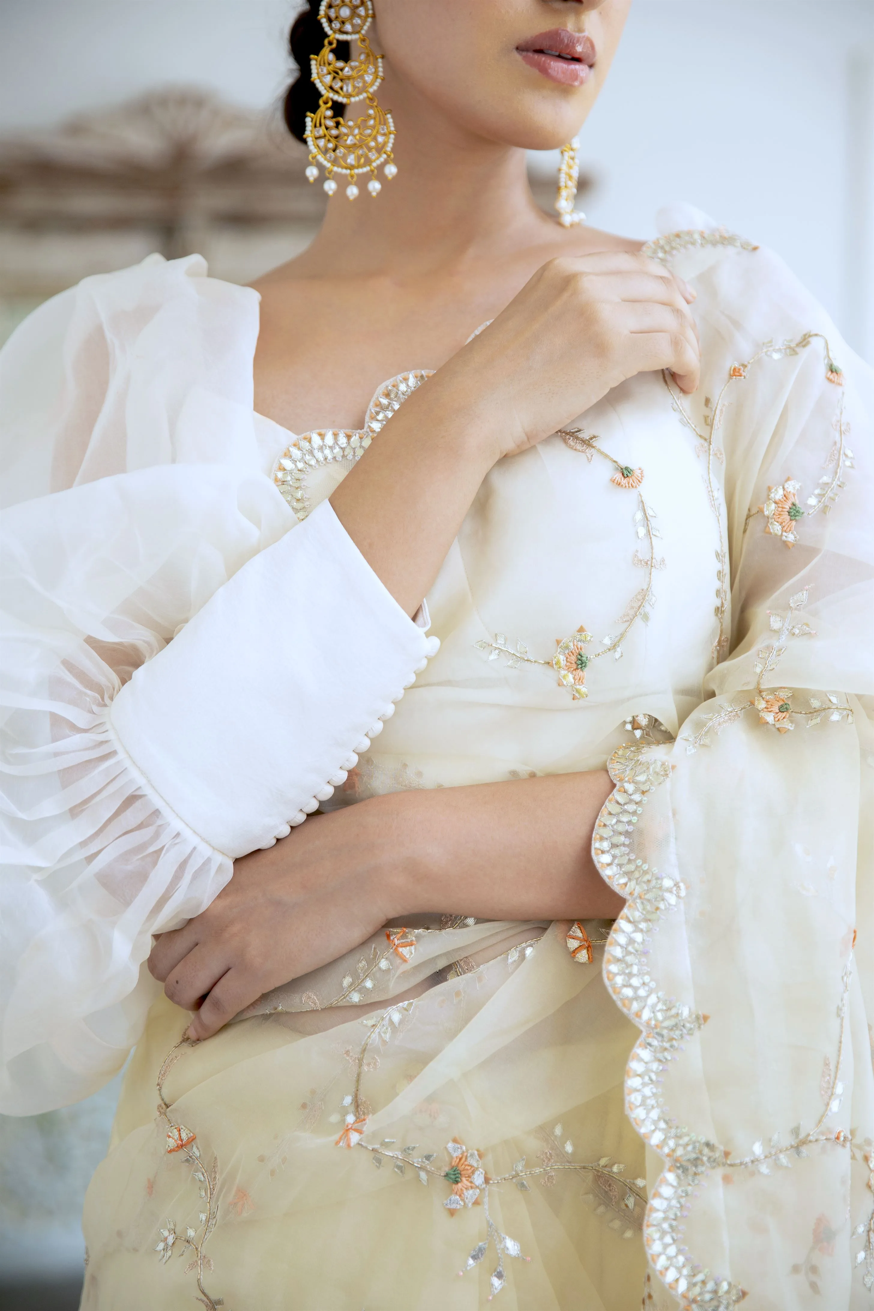 Aarti Sethia Studio    I   Ivory Hand embroidered Jaal Saree Set