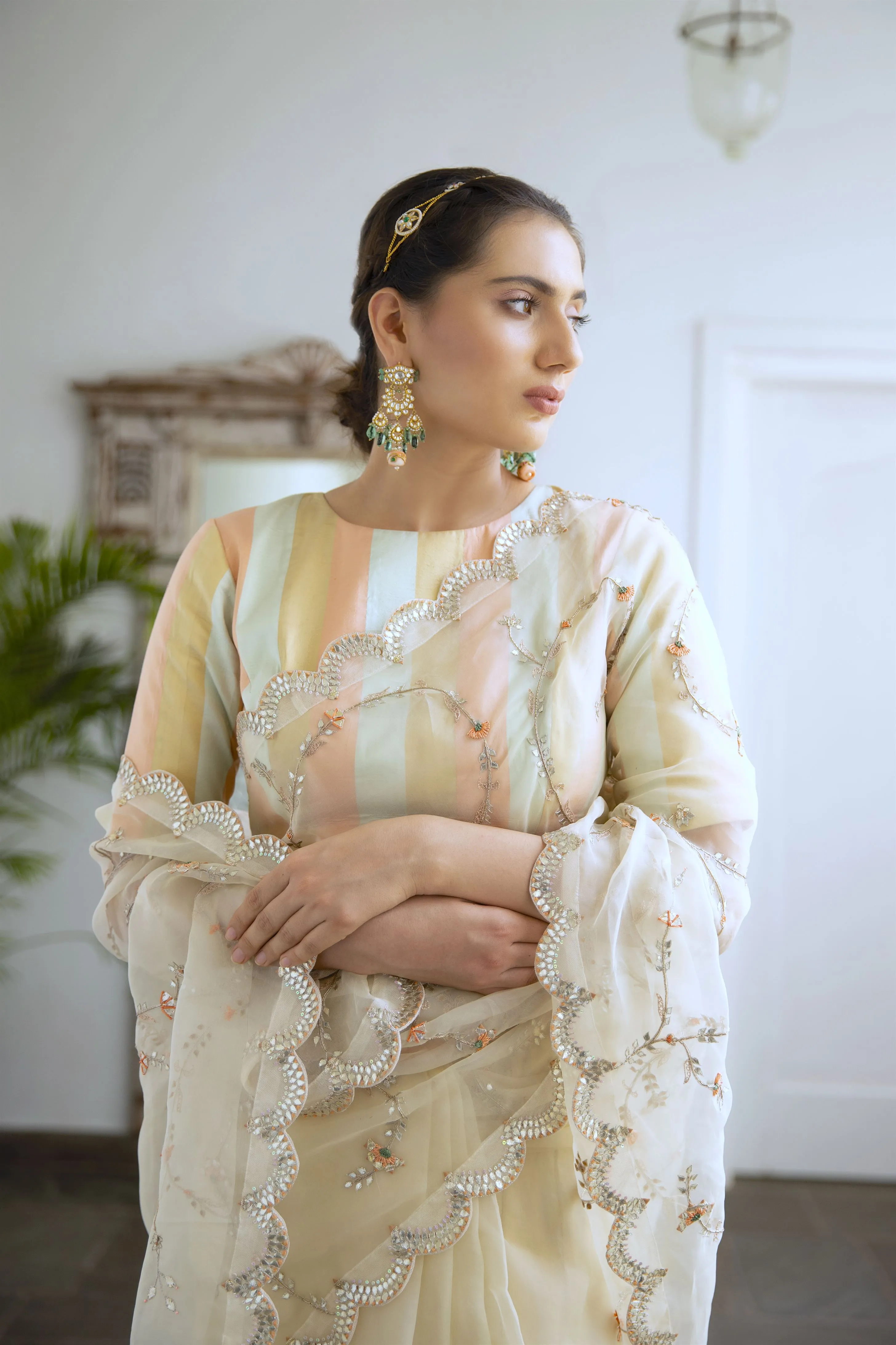 Aarti Sethia Studio    I   Ivory Hand embroidered Jaal Saree Set