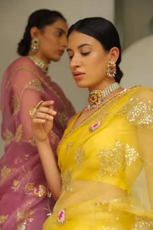 Aarti Sethia Studio    I    Yellow Hand Embroidered Gota Patti Jaal Saree Set