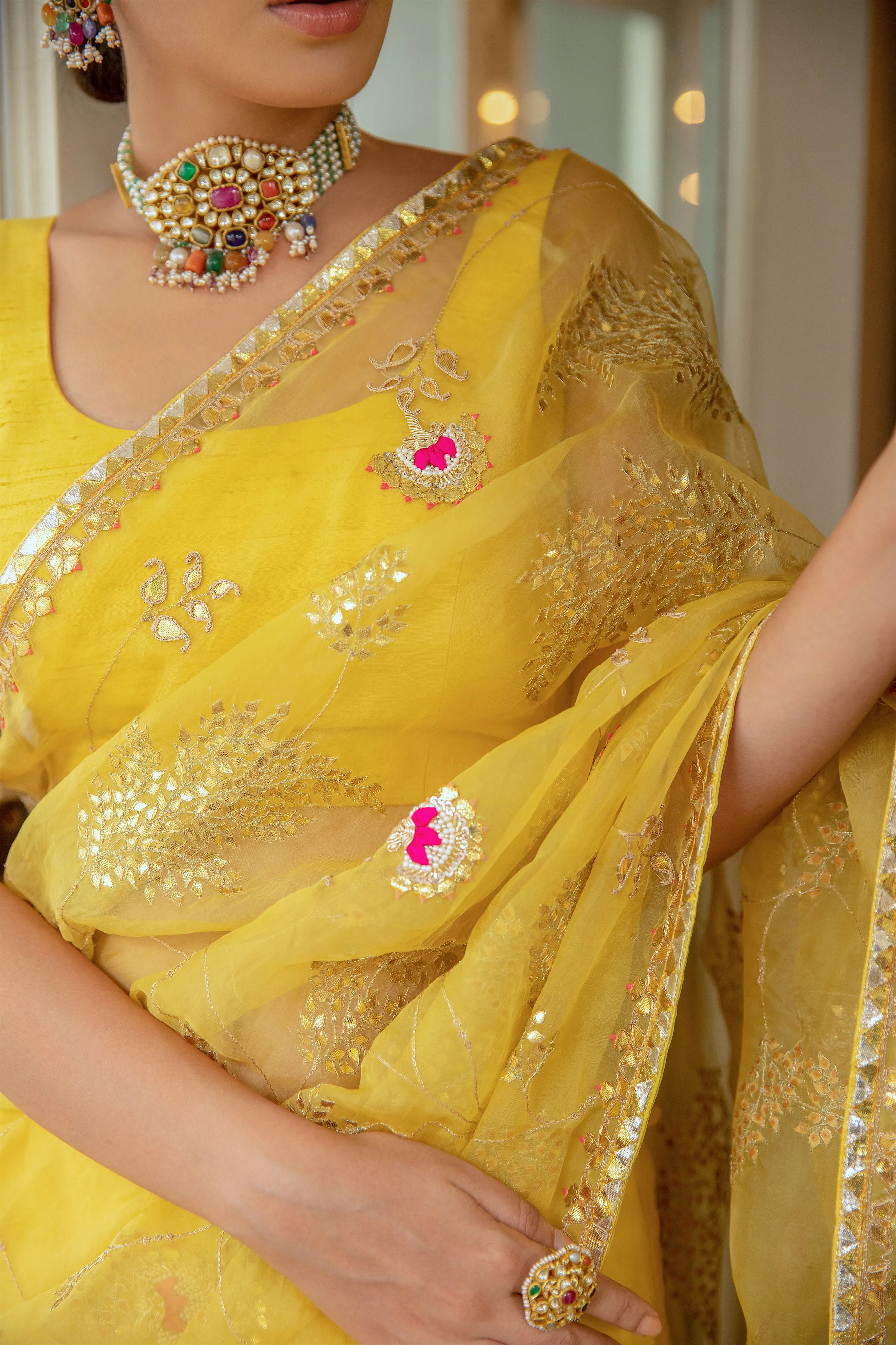Aarti Sethia Studio    I    Yellow Hand Embroidered Gota Patti Jaal Saree Set