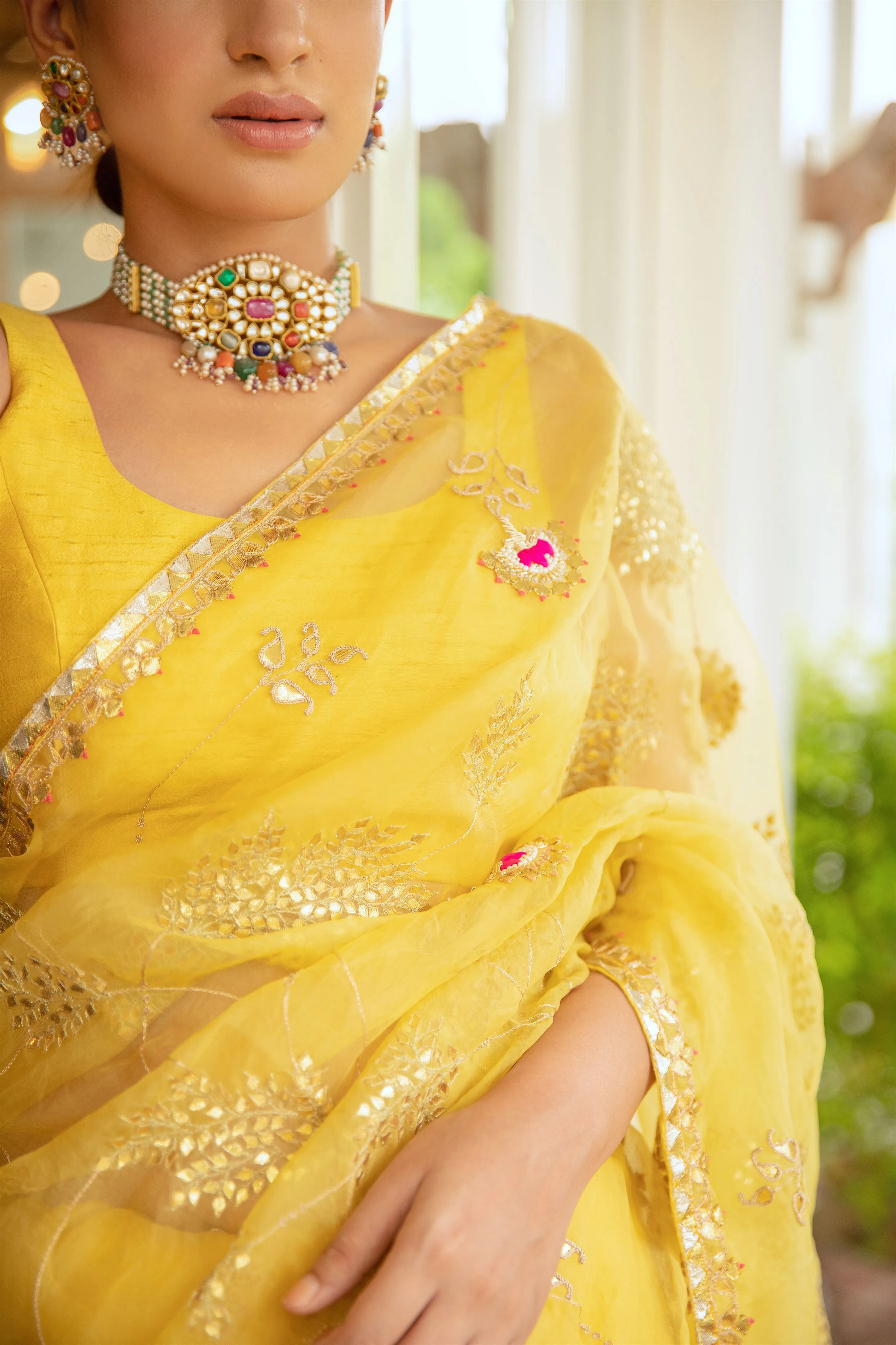 Aarti Sethia Studio    I    Yellow Hand Embroidered Gota Patti Jaal Saree Set