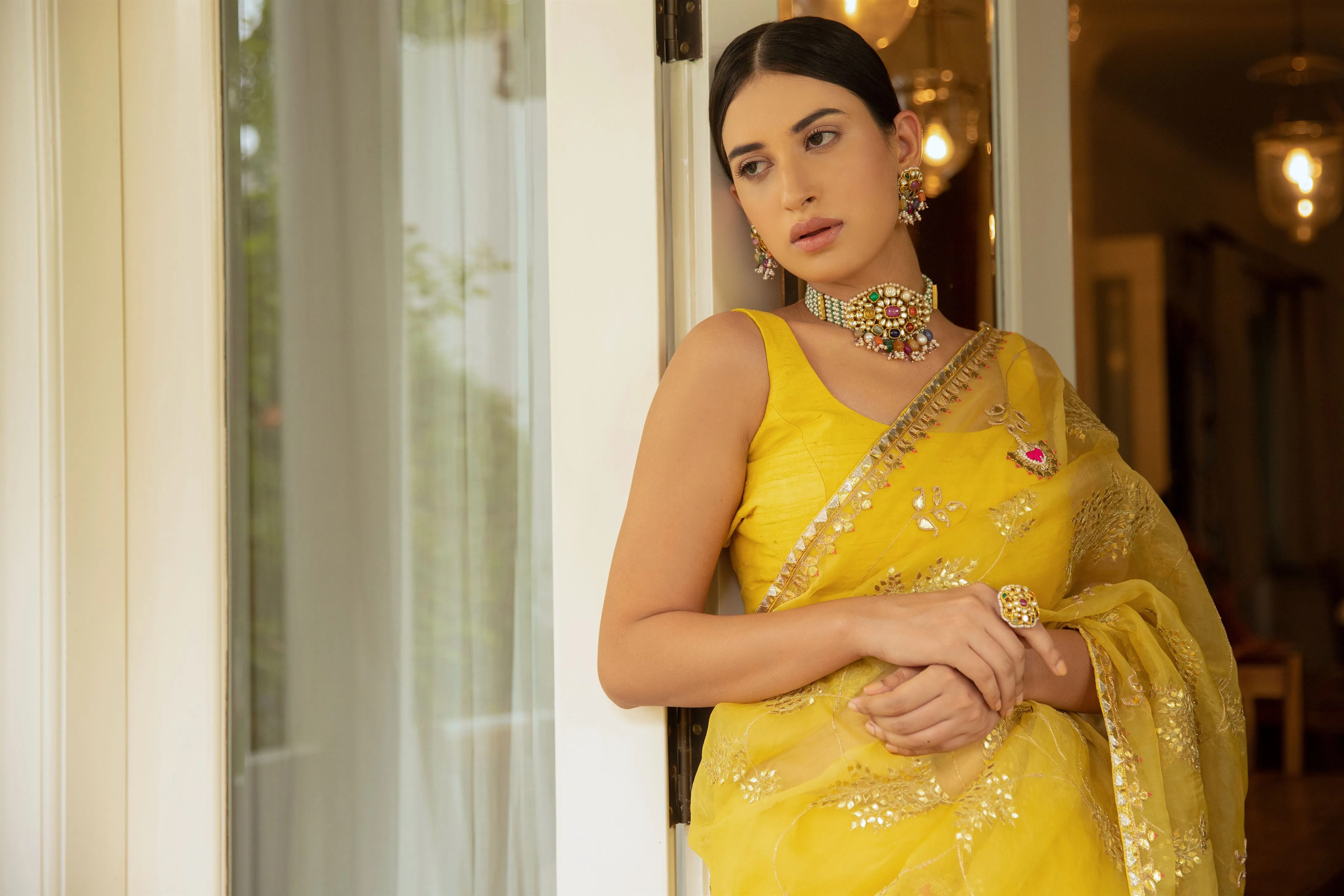 Aarti Sethia Studio    I    Yellow Hand Embroidered Gota Patti Jaal Saree Set