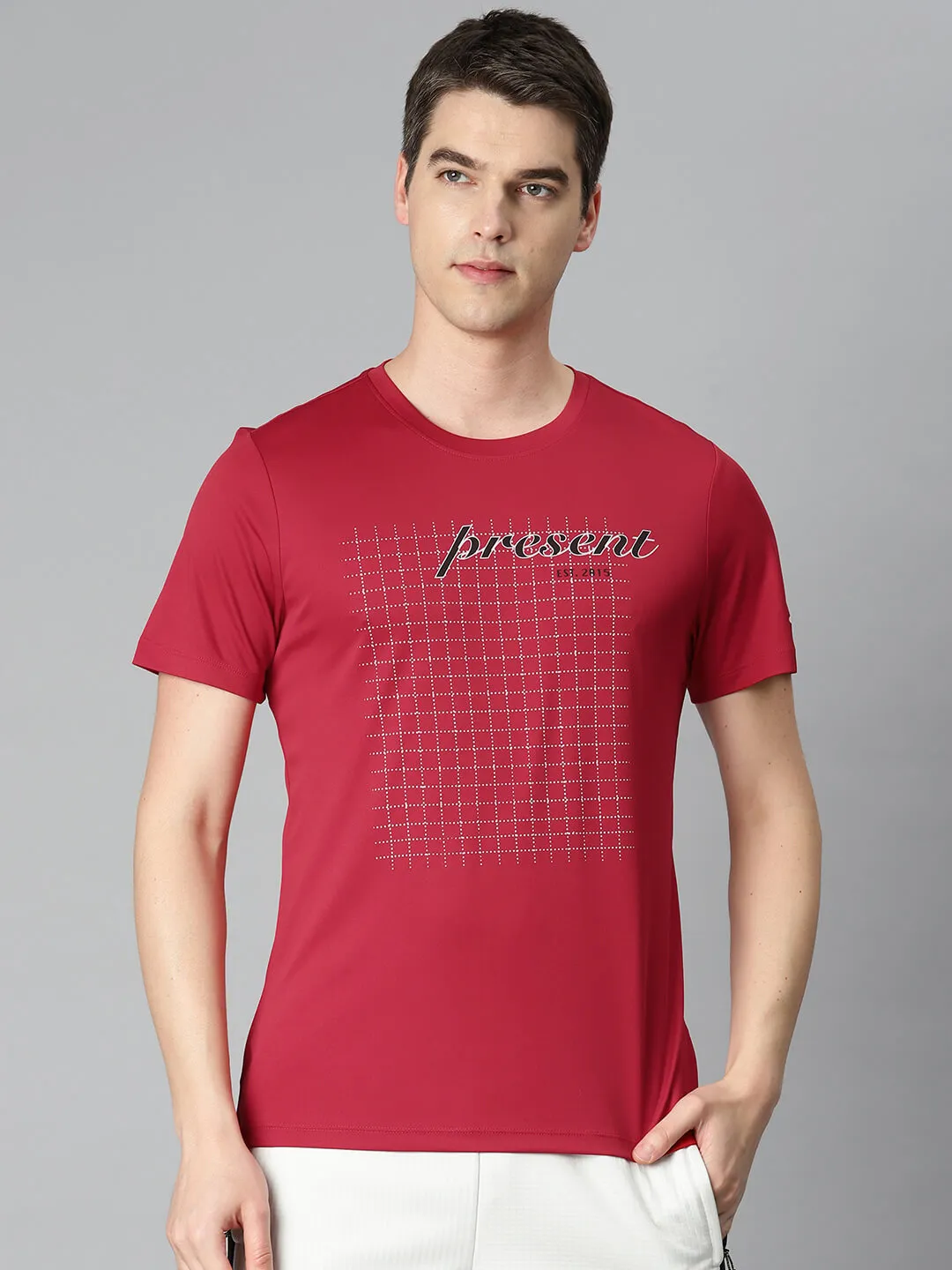 Alcis Men Red Typography Printed Anti Static Slim Fit Sports T-shirt
