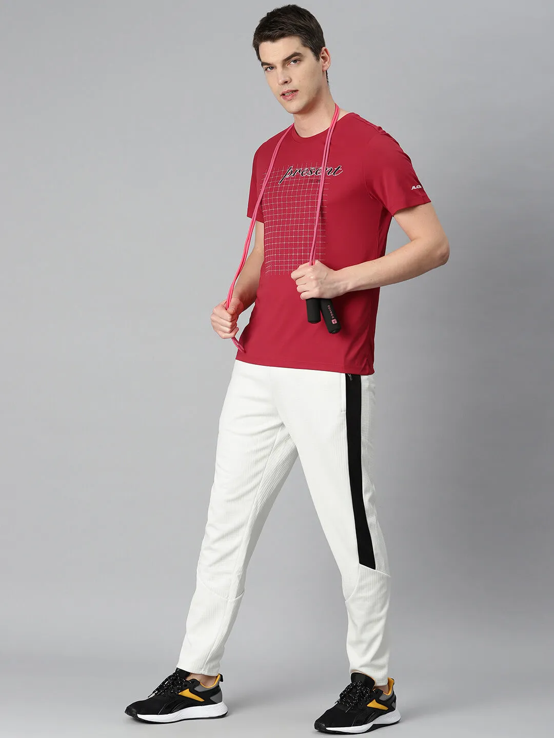 Alcis Men Red Typography Printed Anti Static Slim Fit Sports T-shirt
