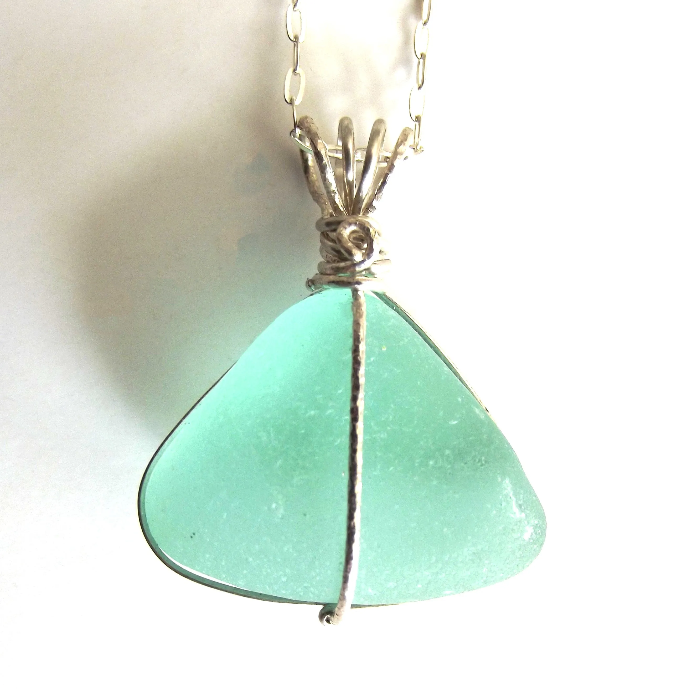 Aqua Sea Glass - Sterling Silver Wrap