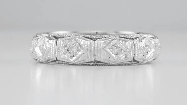 Art Deco Cheshire Filigree Vintage Diamond Wedding Band in Platinum - Size 7 3/4