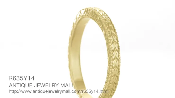 Art Deco Curved Engraved Wheat Wedding Band in 14 Karat Yellow Gold