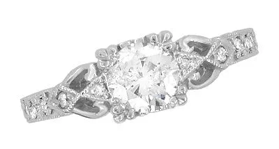 Art Deco Loving Hearts 1/2 Carat Diamond Antique Style Engraved Engagement Ring in 18 Karat White Gold