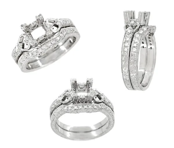 Art Deco Loving Hearts 1/2 Carat Diamond Antique Style Engraved Engagement Ring in 18 Karat White Gold