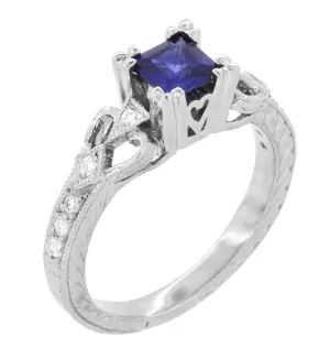 Art Deco Loving Hearts Princess Cut Blue Sapphire Vintage Style Engraved Engagement Ring in Platinum