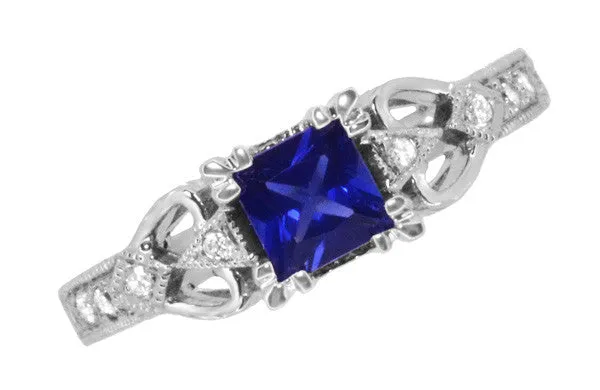 Art Deco Loving Hearts Princess Cut Blue Sapphire Vintage Style Engraved Engagement Ring in Platinum