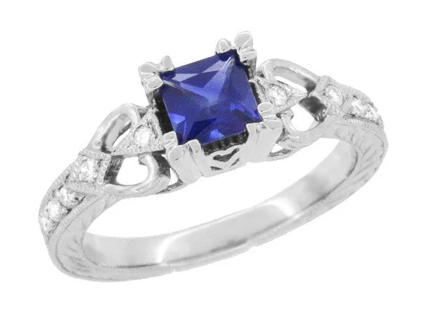 Art Deco Loving Hearts Princess Cut Blue Sapphire Vintage Style Engraved Engagement Ring in Platinum