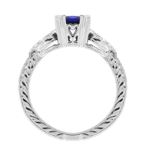 Art Deco Loving Hearts Princess Cut Blue Sapphire Vintage Style Engraved Engagement Ring in Platinum