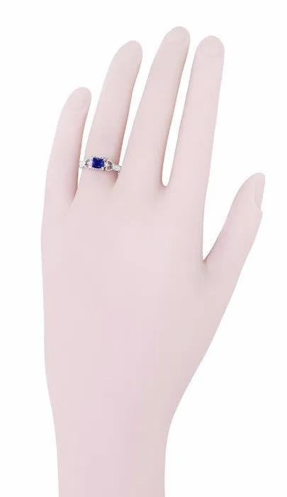 Art Deco Loving Hearts Princess Cut Blue Sapphire Vintage Style Engraved Engagement Ring in Platinum