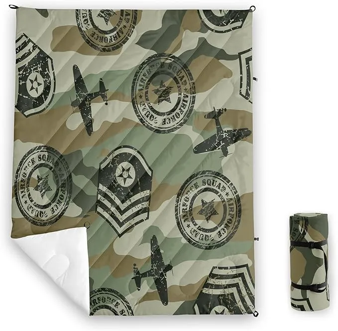 Axolotl Camouflage Printed Camping Blanket,Lightweight Portable Waterproof Puffy Military Themed Travel Blanket,Aircraft Medal Packable Outdoor Blanket for Picnic,Camping,Travel,Stadium,Hiking,Green
